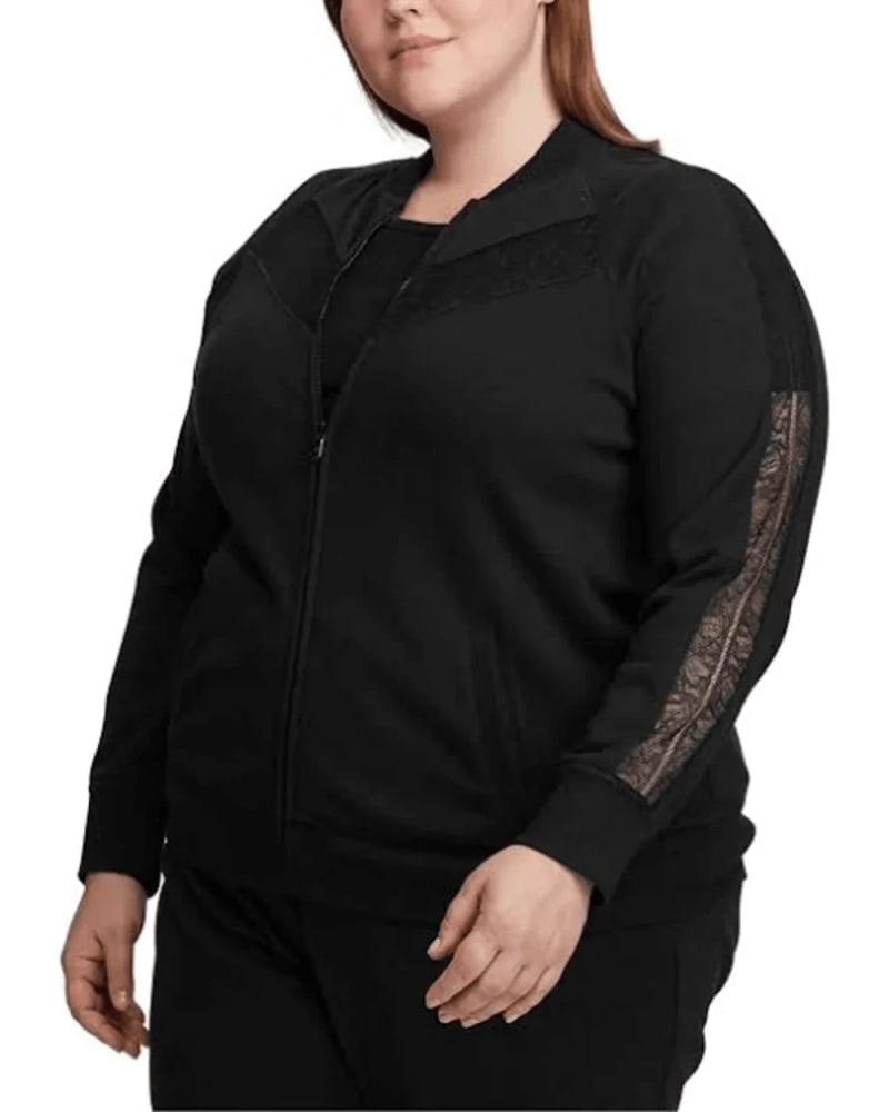 Front of a model wearing a size 3X Ralph Lauren Women's Plus Lace Trim Fleece Jacket Black Size 3X in Black by Ralph Lauren. | dia_product_style_image_id:314735